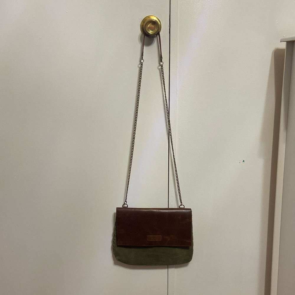 Brown and green Jane Marie leather and soft fabric with chain handle.